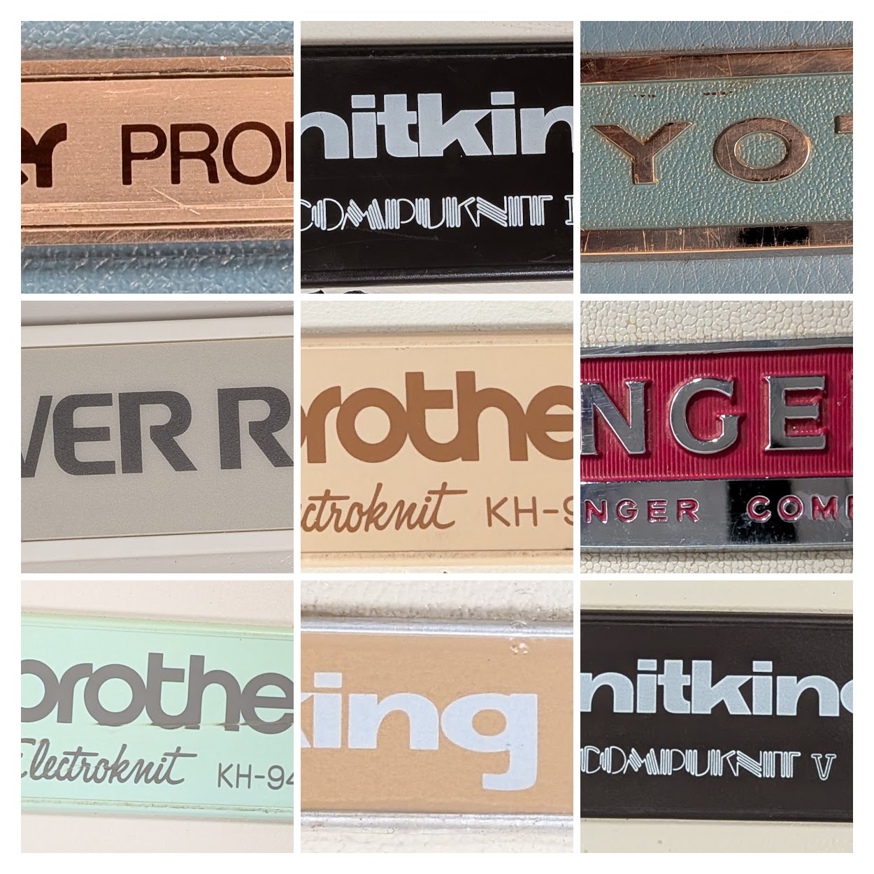 Collage of vintage knitting machine brand badges